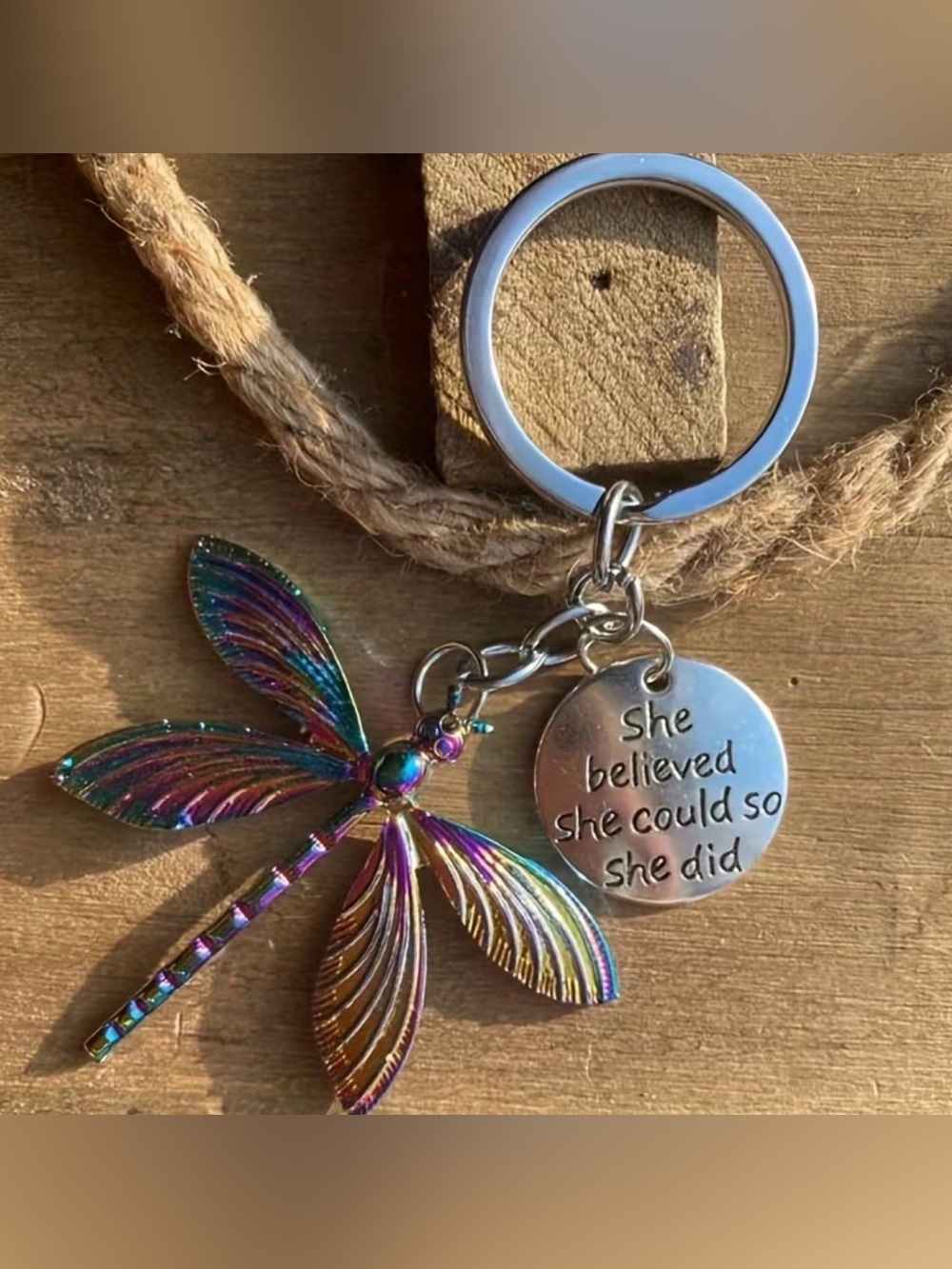 Inspirational Dragonfly Keychain Charm in Iridescent Rainbow